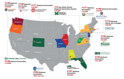 Vị trí 12 trường trên bản đồ Mỹ.